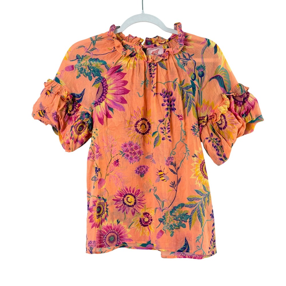 Banjanan Floral Bee Print Ruffle Sleeve Blouse Womens Small Orange Cotton Top